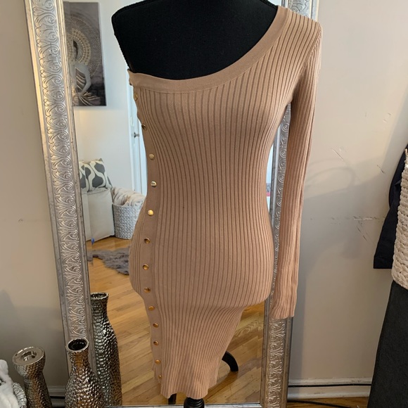Fashion Nova Dresses & Skirts - One shoulder tan body con sweater dress. Size S
